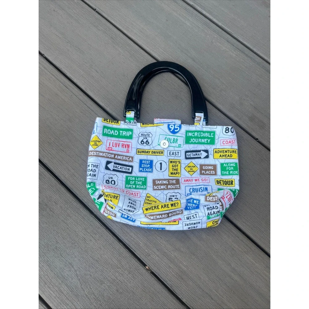 KD Handbags Road Trip Highway Sign Print Tote Bag Black Acrylic Handle Quirky